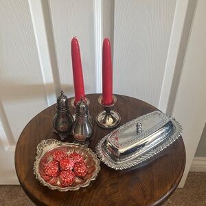 Vintage Silver Candlesticks, Salt and Pepper Shakers, Butter, and Candy Dish
